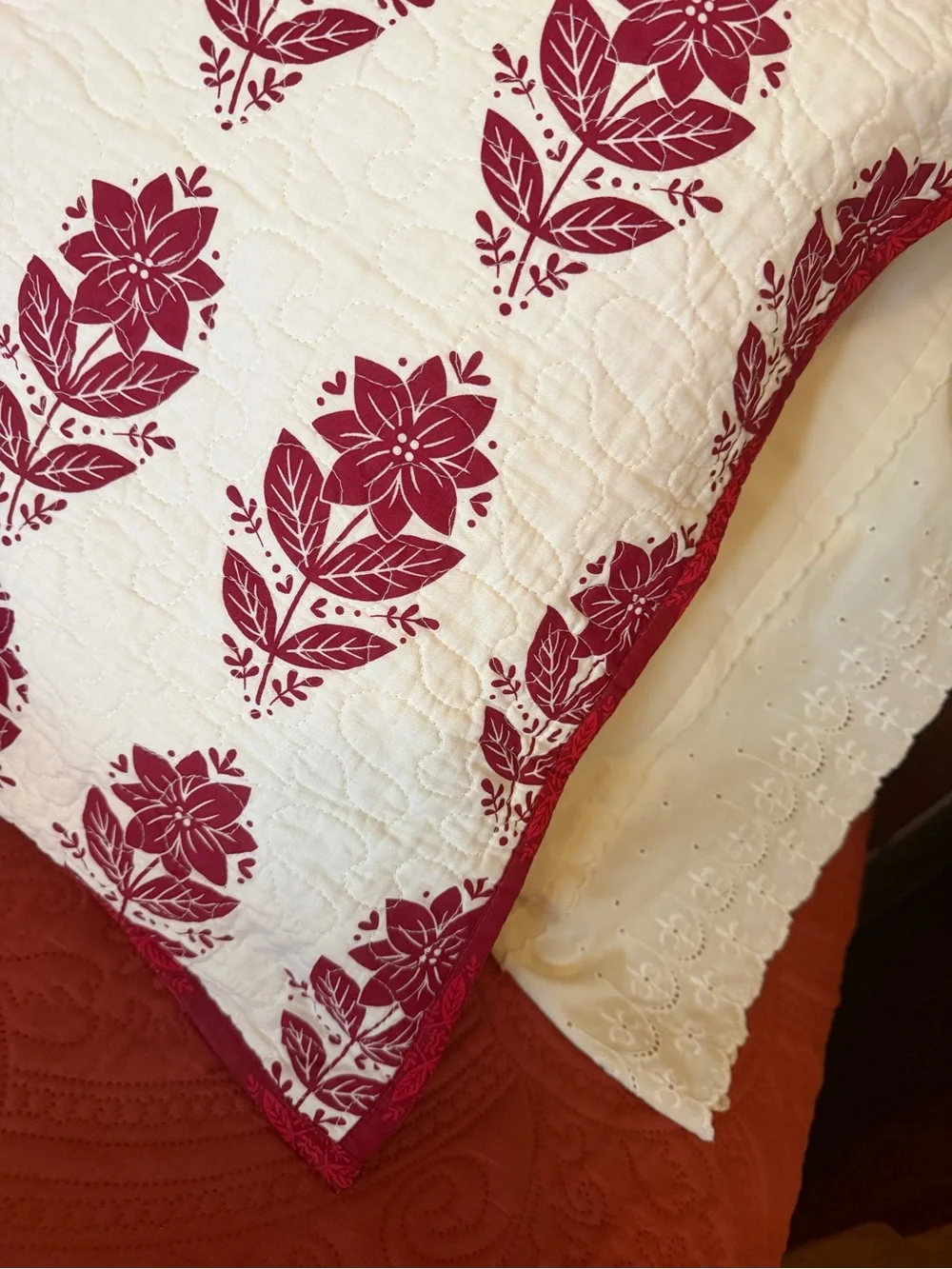 St. Nicholas Square Poinsettia Quilted Pillow Shams Red Cream Cottage Christmas